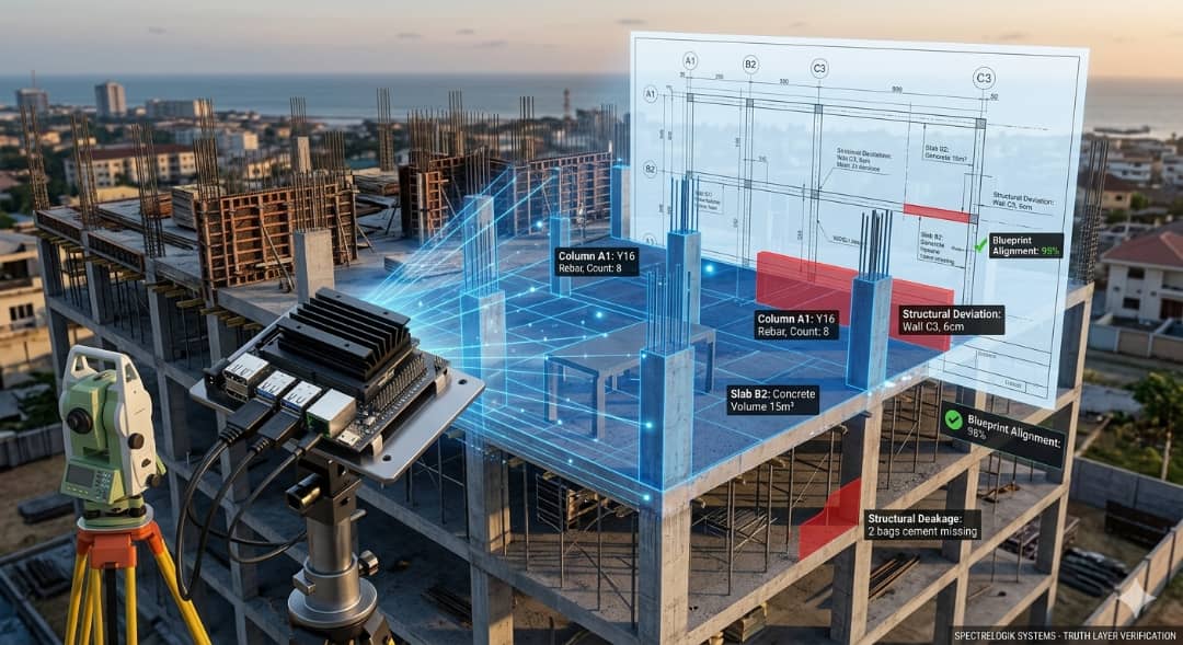 SpectreLogik Systems Sentinel verifying a construction site with edge AI and laser-projected blueprint overlay